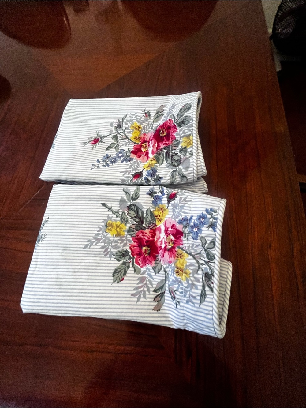 Chaps Floral Stripe Cotton pillow sham pair- Pink, Yellow & Blue Bouquet